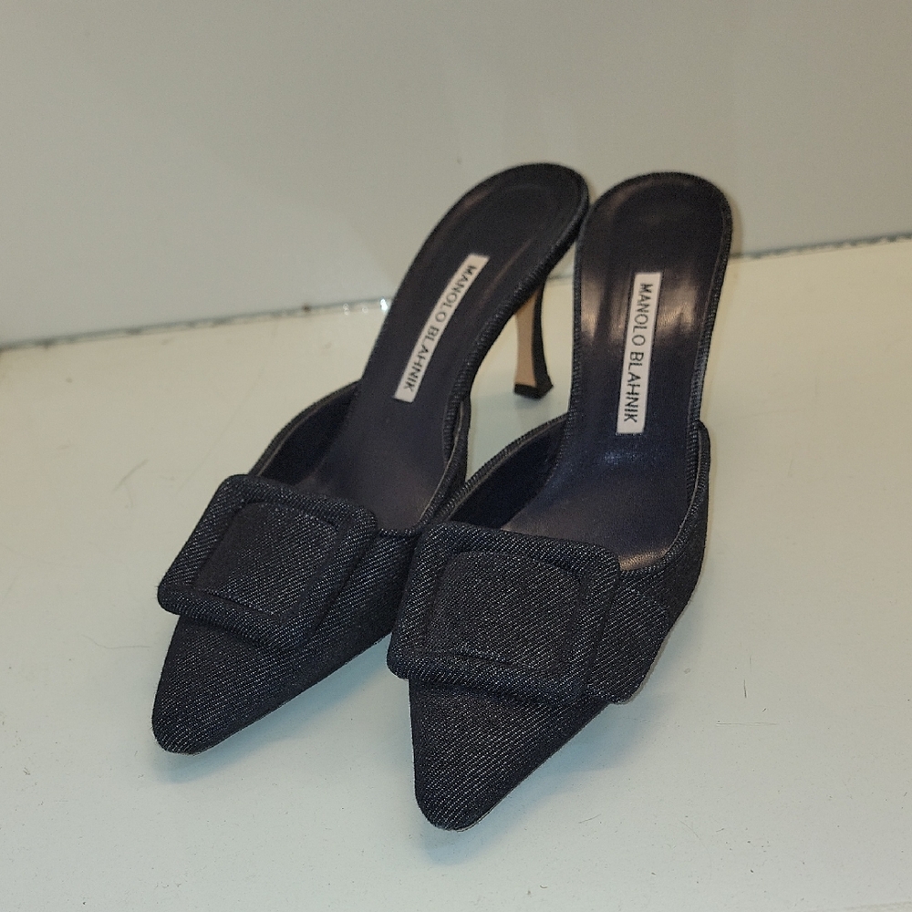 Manolo Blahnik Blue Denim Heeled Mules